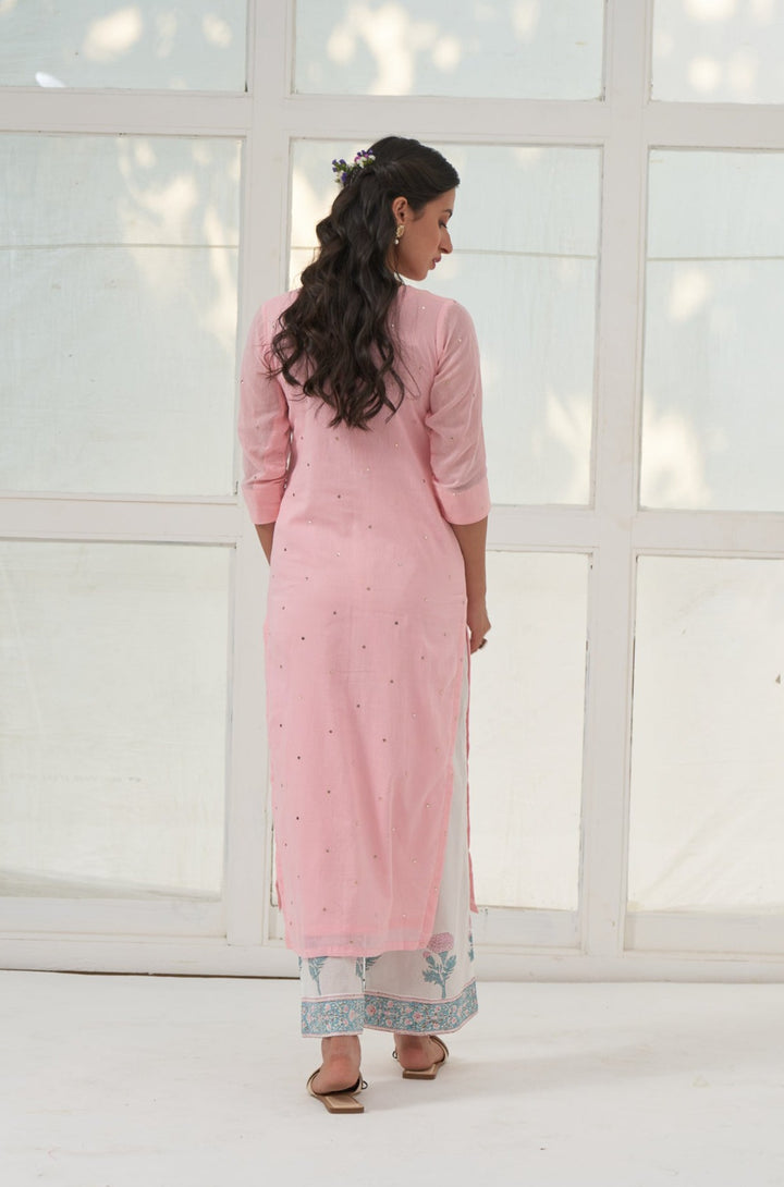 Pink Mukaish Cotton Kurta With Marigold Block Printed Palazzo- Set Of 3