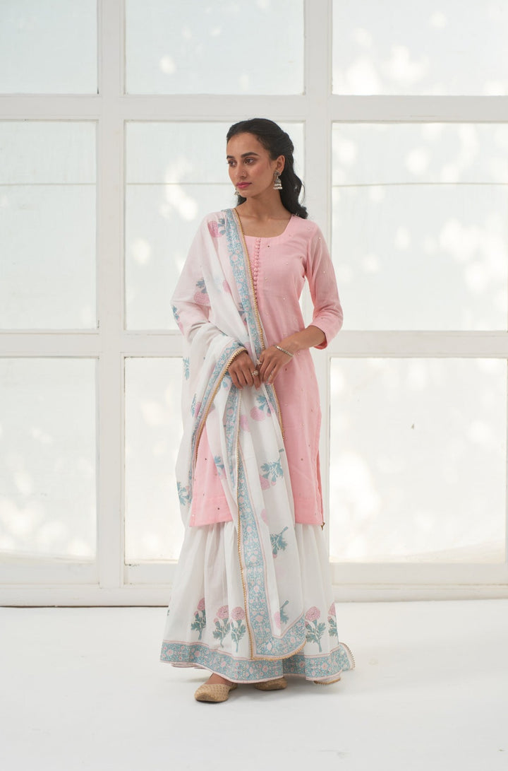 Pink Mukaish Cotton Kurta With Marigold Block Printed Sharara- Set Of 3
