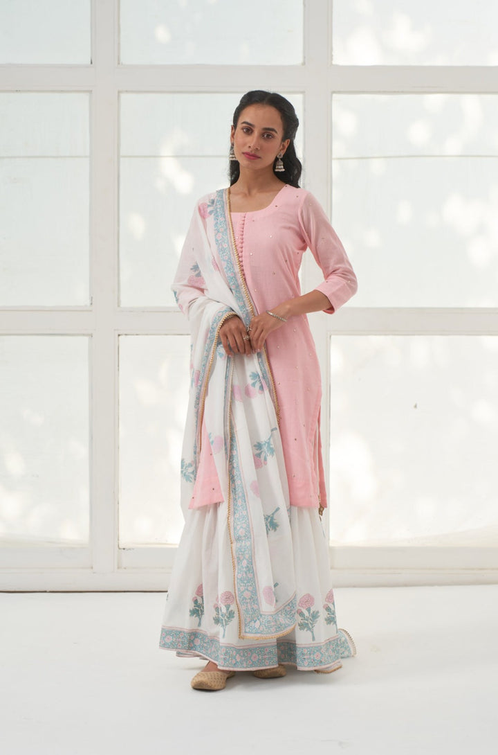 Pink Mukaish Cotton Kurta With Marigold Block Printed Sharara- Set Of 3