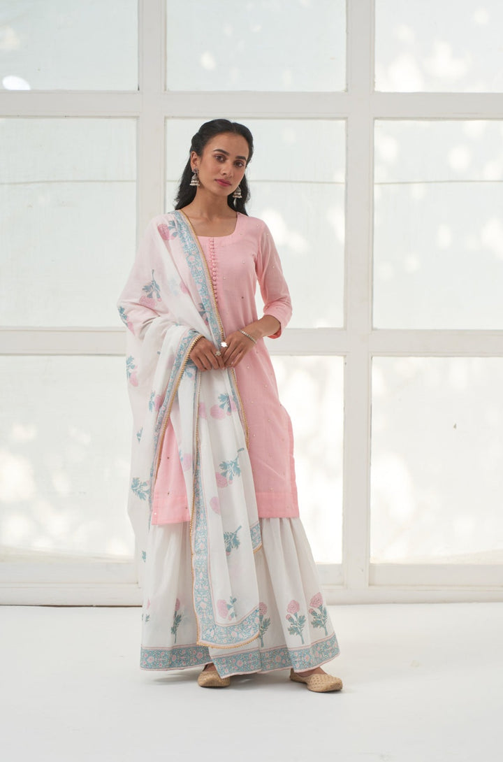 Pink Mukaish Cotton Kurta With Marigold Block Printed Sharara- Set Of 3