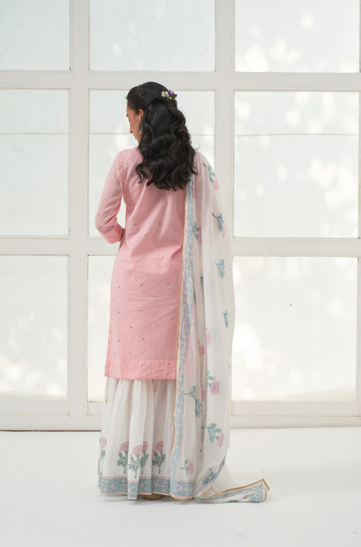 Pink Mukaish Cotton Kurta With Marigold Block Printed Sharara- Set Of 3