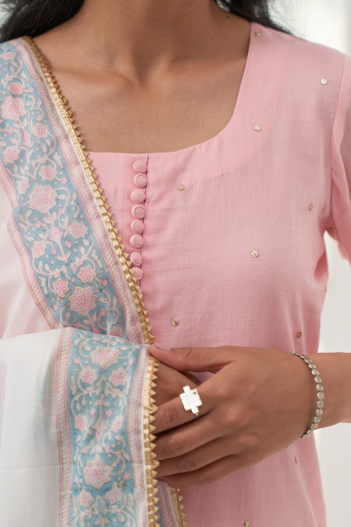 Pink Mukaish Cotton Kurta With Marigold Block Printed Sharara- Set Of 3