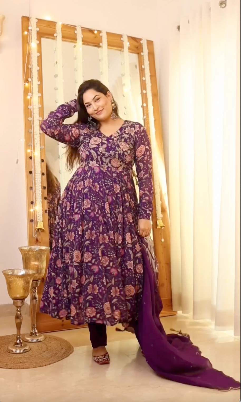Sakshi in Raag Purple Floral Printed Anarkali with Chooridar and Dupatta- set of 3