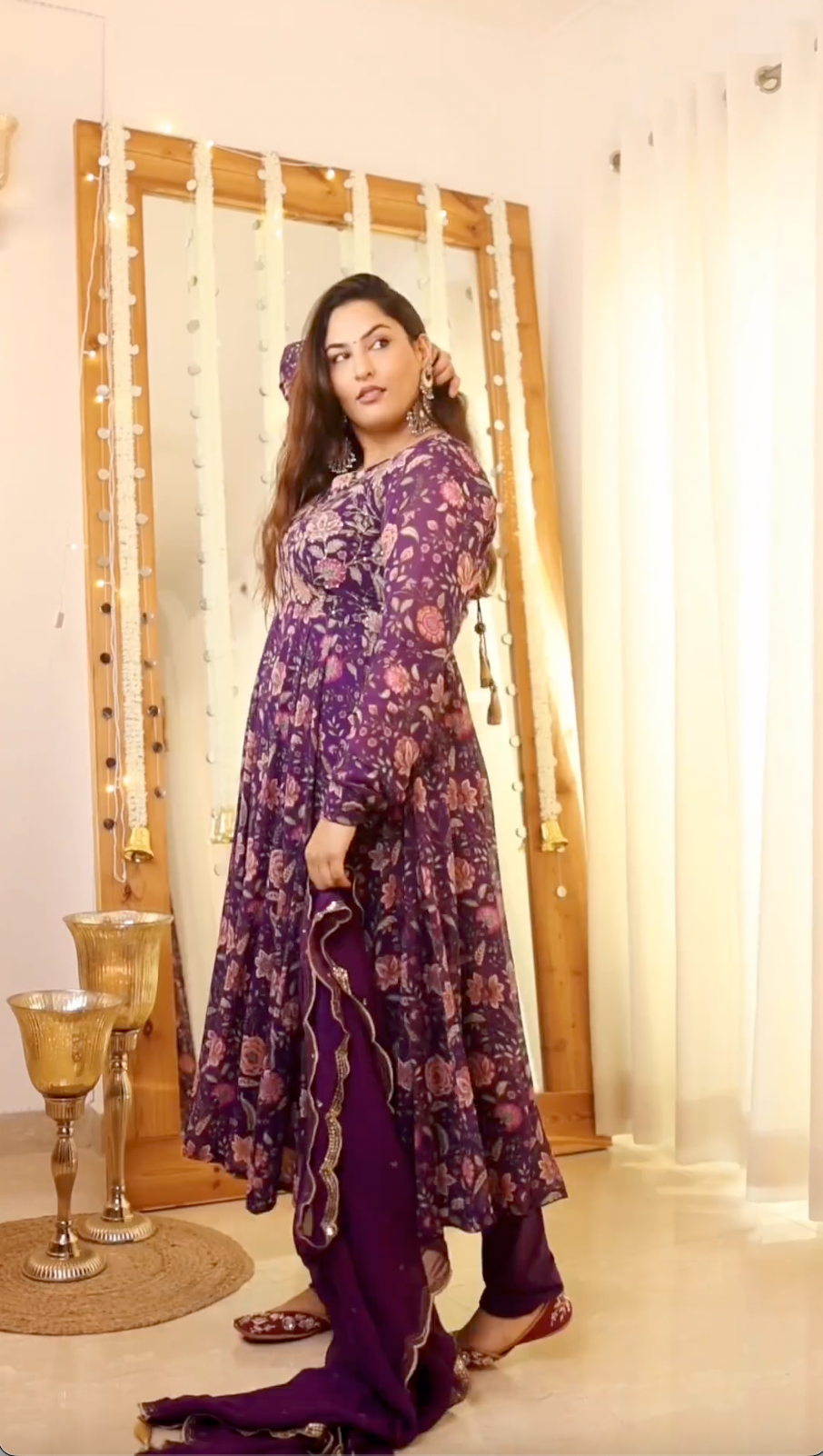 Sakshi in Raag Purple Floral Printed Anarkali with Chooridar and Dupatta- set of 3