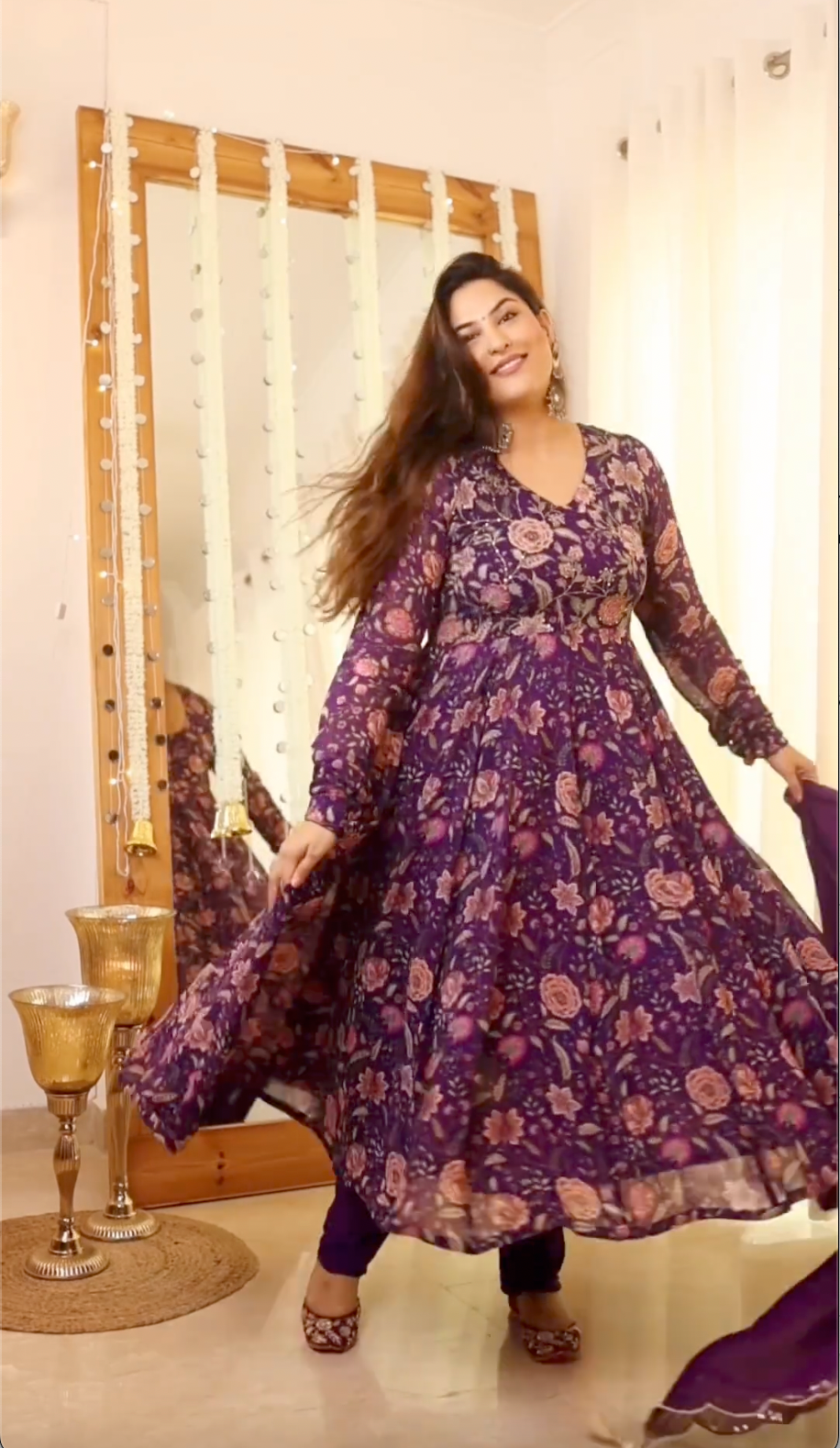 Sakshi in Raag Purple Floral Printed Anarkali with Chooridar and Dupatta- set of 3