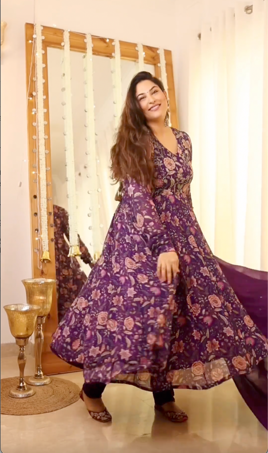 Sakshi in Raag Purple Floral Printed Anarkali with Chooridar and Dupatta- set of 3