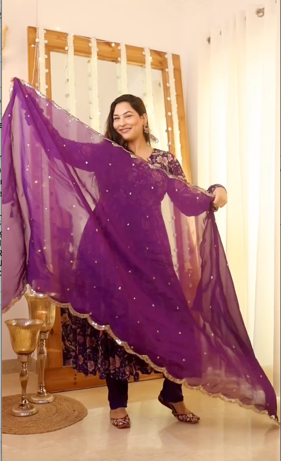 Sakshi in Raag Purple Floral Printed Anarkali with Chooridar and Dupatta- set of 3
