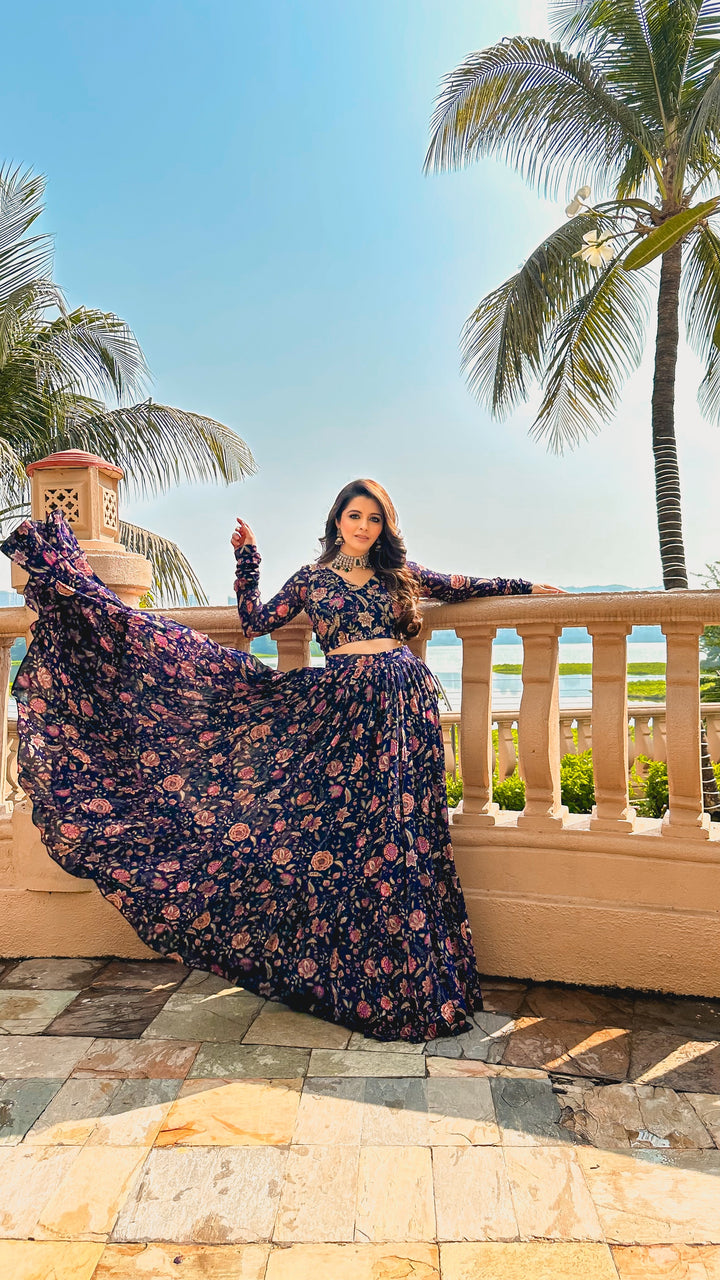 Natasha in Raag Blue Floral print Lehenga with Floral print Blouse and Dupatta - Set of 3