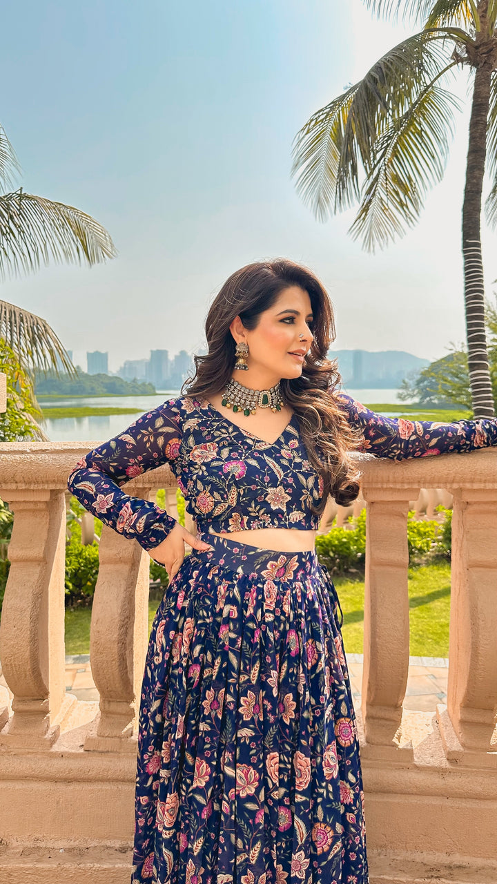 Natasha in Raag Blue Floral print Lehenga with Floral print Blouse and Dupatta - Set of 3