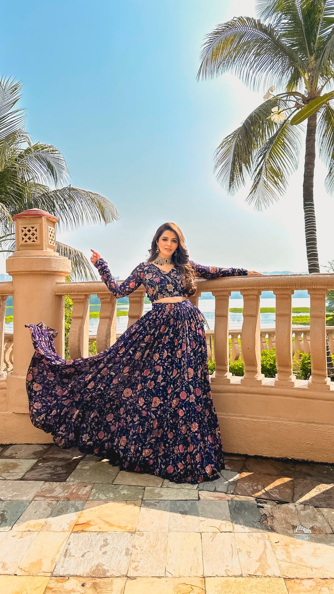 Natasha in Raag Blue Floral print Lehenga with Floral print Blouse and Dupatta - Set of 3