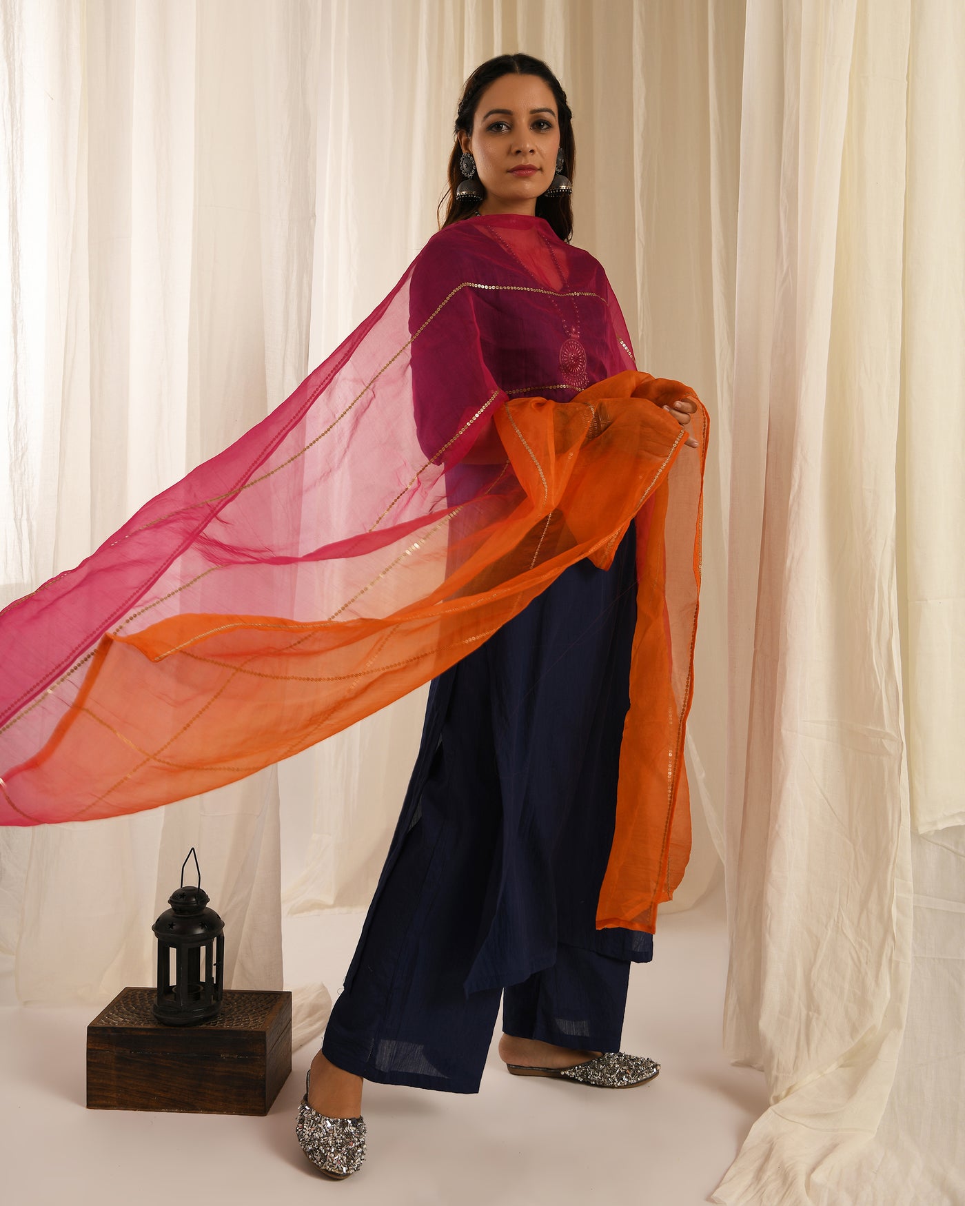 Navy Blue kurta set with Ombre' sitara dupatta- set of 3